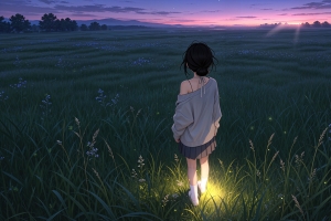 晚上绿草地女孩背影光影唯美4K动漫高清壁纸3840x2160免费下载