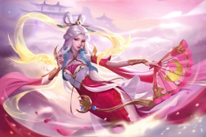 唯美古风美女 长发 粉色和红色长裙子 扇子 4k游戏美女壁纸