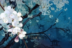 手绘蓝色夜景白色男子