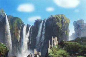 手绘瀑布峭壁青山