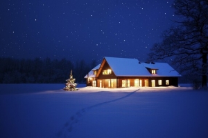 冬季夜晚白雪地房子海报背景