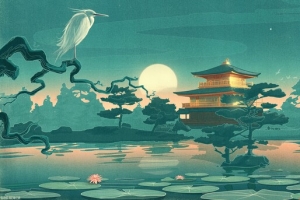 湖中心的夜幕与庭院