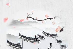 水墨意境江南水乡徽派建筑海报背景素材