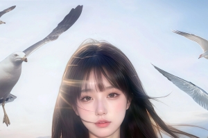 天空 海鸥 白衣美女长发 4k手机壁纸竖屏