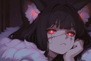 长着兽耳红眼睛女孩一手托下巴 4K动漫高清壁纸3840x2160免费下载