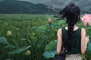 莲心山色 少女背影 唯美3440x1440动漫带鱼屏壁纸