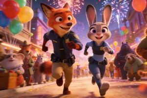 新年热闹街市朱迪狐尼克奔跑烟花4K高清壁纸3840x2160免费下载