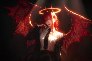 玛奇玛红色头发 暗黑背景 4k电脑壁纸3840x2400