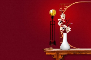 红色渐变背景中国古典家具淘宝背景