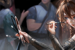 动漫女孩蓝色眼睛化妆镜子 5K 4K高清壁纸5631x2400免费下载