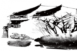 手绘古建筑毛笔画