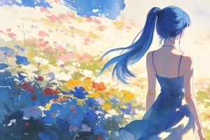 唯美少女背影 蓝色马尾辫 蓝色裙子 花海 3440x1440带鱼屏壁纸免费