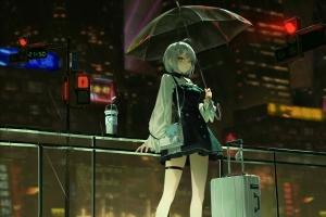 晚上 雨天 女孩 伞 行李箱 4K动漫壁纸