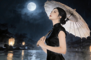 水墨画 晚上 月亮 黑色旗袍美女 伞 4k壁纸