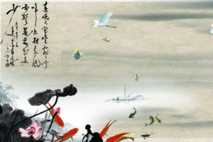 山水画鲤鱼柳树仙鹤诗词背景banner