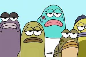 海绵宝宝搞笑表情鱼群3440x1440带鱼屏4K高清动漫壁纸免费下载