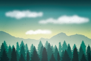 卡通插画山水丛林远山白云背景素材