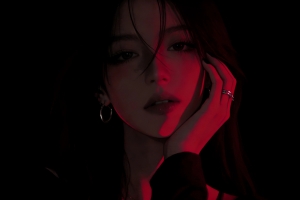 美女一手托下巴动漫壁纸 红色光影黑色背景 4K高清3840x2400免费下载