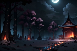 游戏原画 黑夜月色下幽暗的小屋 8K壁纸 8192x3584