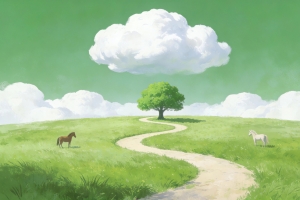 绿色天空白色云朵草地马儿弯曲小路小树超高清车机风景壁纸2880x1800免费下载