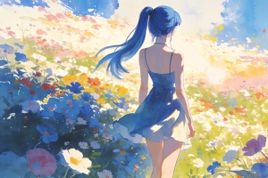 唯美少女背影 蓝色马尾辫 蓝色裙子 花海 4K壁纸