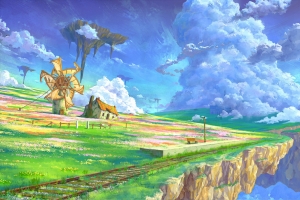 天空之岛 绿草地鲜花 风车小屋 火车轨道 4K风景壁纸 3840x2160