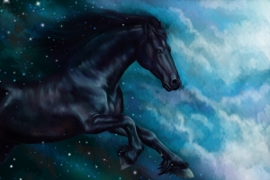 夜晚的天空 云 星星 马 油画 图片素材