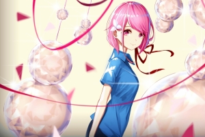 粉色头发蓝色衬衫动漫女生4k二次元壁纸