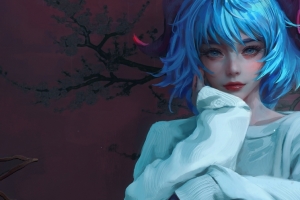蓝色短发女生 白色毛衣 黑色裤袜3440x1440动漫壁纸