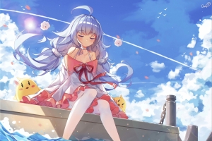 大海 蓝色天空 可爱动漫少女4k壁纸