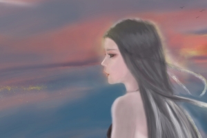 唯美 长发 少女 海边 云 厚涂 4k 壁纸
