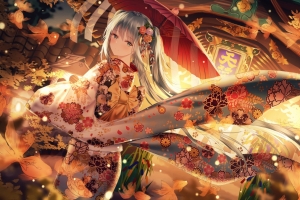 初音未来 金鱼 和服 4k动漫壁纸