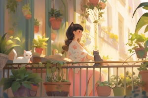 少女 猫 绿色盆栽 栏杆 2560*1600动漫壁纸