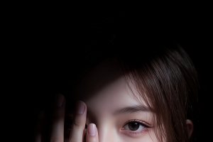 光影美女 手遮脸半遮面  暗黑背景 4k手机壁纸竖屏