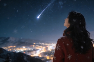 新年的夜晚 远方城市灯光 女孩独自看流星 星空4k风景壁纸