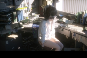 女生 白色衬衫 耳机 房间 书桌 4k动漫壁纸