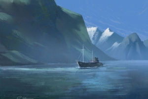船 山 岩石 画布 油漆 艺术 4k壁纸 3840x2160