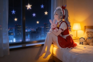 晚上 女生房间 台灯 坐在床上的小女孩 小兔 小熊 窗 星星 4k壁纸