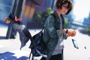 学生 女孩子 学生装 书包 手机 猫 人行横道 斑马线 4k高清动漫壁纸