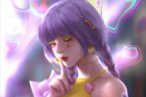 可爱女孩一只眼睛打开一只眼睛闭上 手势 紫色头发 插画 4k动漫壁纸