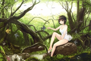 森林风景,树,,水鱼,短发可爱女孩动漫壁纸