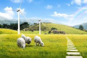 大自然蓝天风力发电绵羊奶牛小路绿草地山脉海报banner