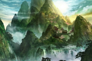 手绘玄幻山庄山水场景