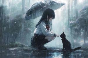 下雨天 小女孩 小黑猫 伞 4K动漫壁纸3840x2160