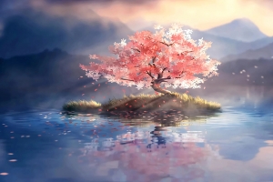 孤独的树 湖中央 一棵红叶树 4K风景壁纸 3840x2400