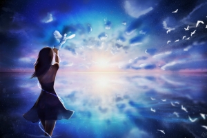 女孩背影白鸽鸟儿星空唯美意境图片