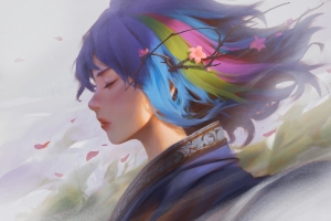 风 女孩 闭上眼睛 和服 花 唯美4k动漫壁纸