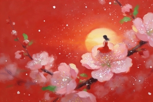 少女坐梅观日出 唯美4K风景高清壁纸3840x2160免费下载