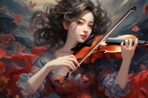 动漫女孩 小提琴 唯美花瓣 平板电脑壁纸