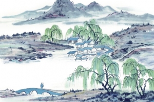 水墨柳树青山